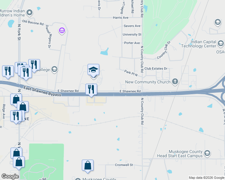 map of restaurants, bars, coffee shops, grocery stores, and more near 918 East Shawnee Road in Muskogee