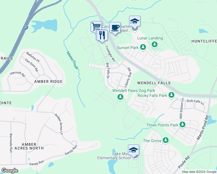 map of restaurants, bars, coffee shops, grocery stores, and more near 1993 Big Falls Drive in Wendell