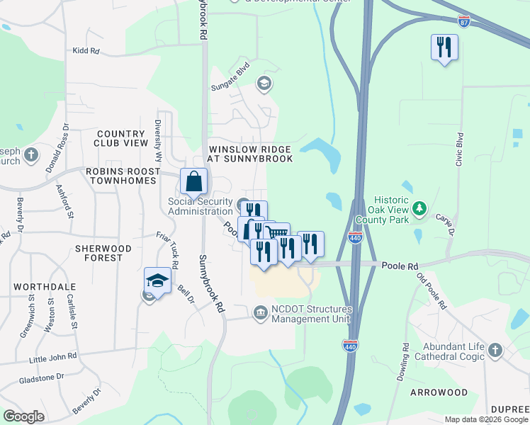 map of restaurants, bars, coffee shops, grocery stores, and more near 3409 Poole Road in Raleigh