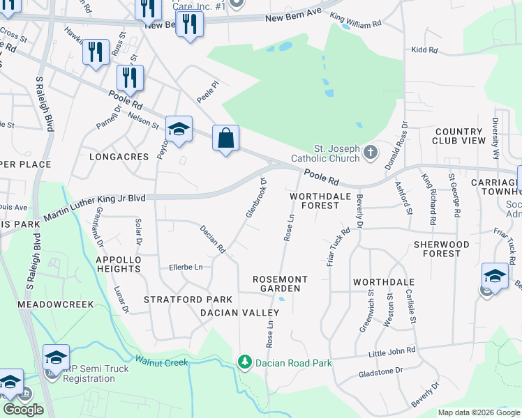 map of restaurants, bars, coffee shops, grocery stores, and more near 439 Glenbrook Drive in Raleigh