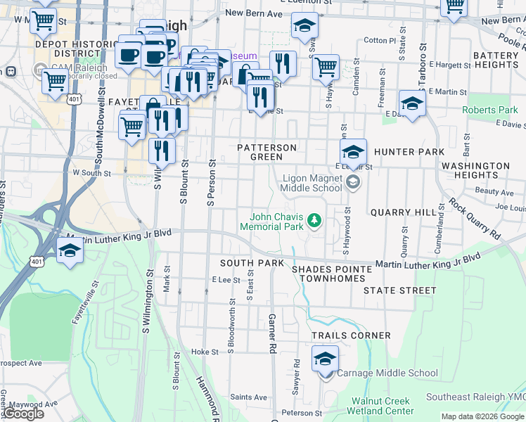 map of restaurants, bars, coffee shops, grocery stores, and more near 518 Worth Street in Raleigh