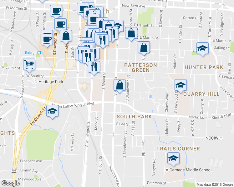 map of restaurants, bars, coffee shops, grocery stores, and more near 324 Worth Street in Raleigh