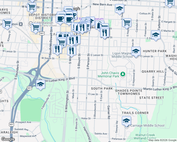 map of restaurants, bars, coffee shops, grocery stores, and more near 324 Worth Street in Raleigh