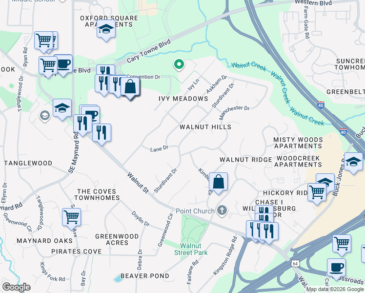 map of restaurants, bars, coffee shops, grocery stores, and more near 1149 Sturdivant Drive in Cary