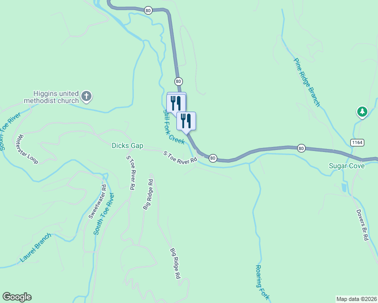 map of restaurants, bars, coffee shops, grocery stores, and more near 76 South Toe River Road in Burnsville