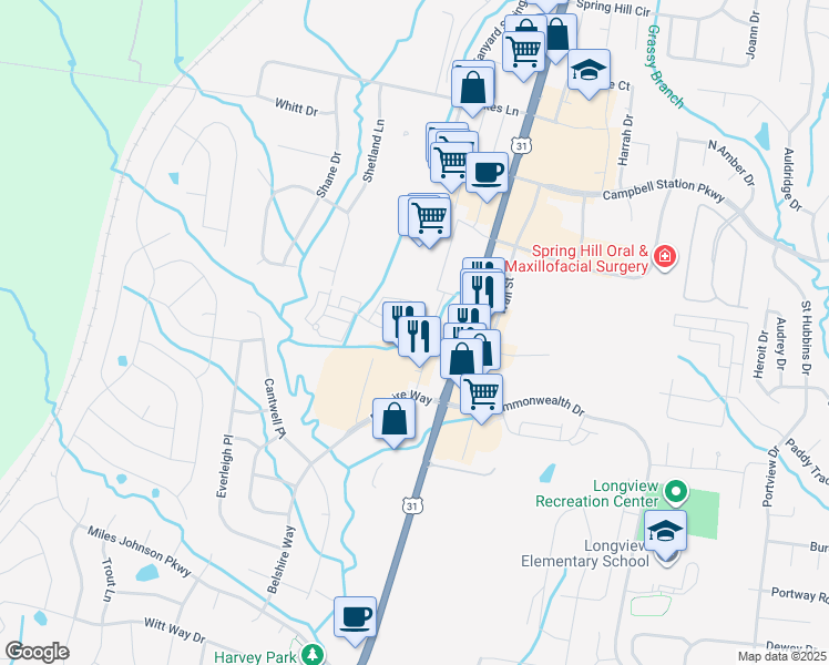 map of restaurants, bars, coffee shops, grocery stores, and more near in Spring Hill