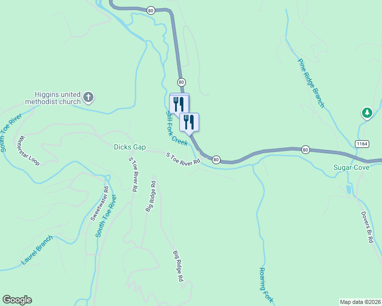 map of restaurants, bars, coffee shops, grocery stores, and more near 76 South Toe River Road in Burnsville