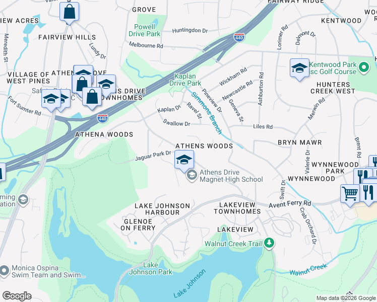 map of restaurants, bars, coffee shops, grocery stores, and more near 5413 Athena Woods Lane in Raleigh