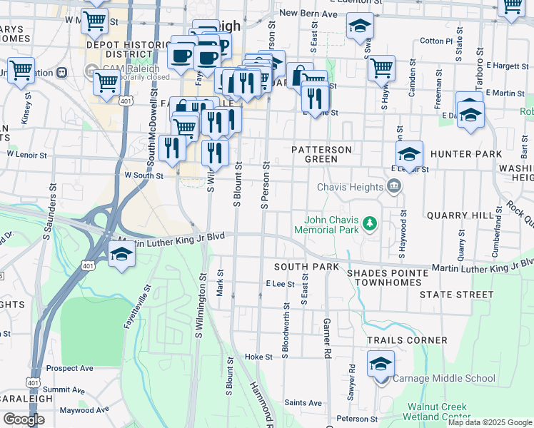 map of restaurants, bars, coffee shops, grocery stores, and more near 324 Worth Street in Raleigh