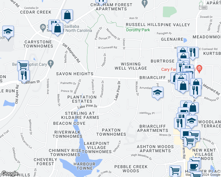 map of restaurants, bars, coffee shops, grocery stores, and more near 110 Creighton Court in Cary