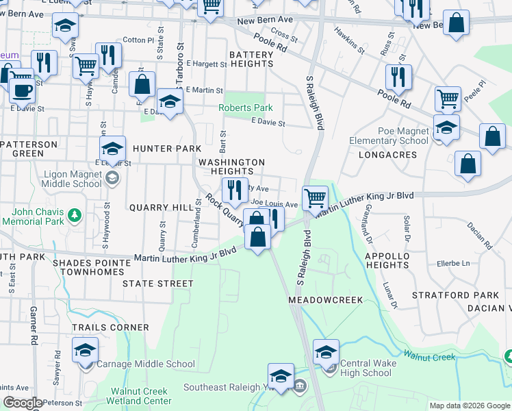 map of restaurants, bars, coffee shops, grocery stores, and more near 1400 Joe Louis Avenue in Raleigh