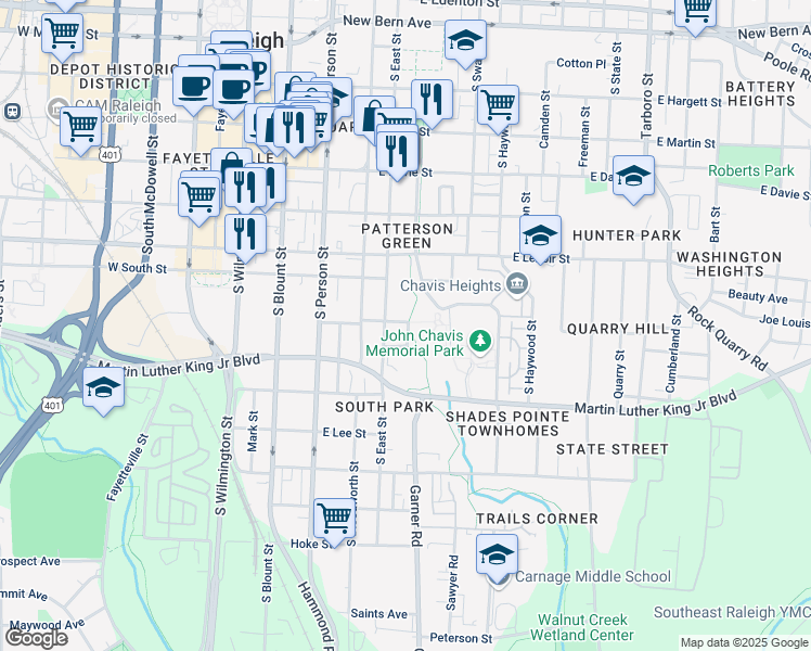 map of restaurants, bars, coffee shops, grocery stores, and more near 518 Worth Street in Raleigh