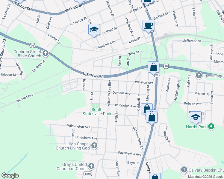 map of restaurants, bars, coffee shops, grocery stores, and more near 1027 Wilson W Lee Boulevard in Statesville