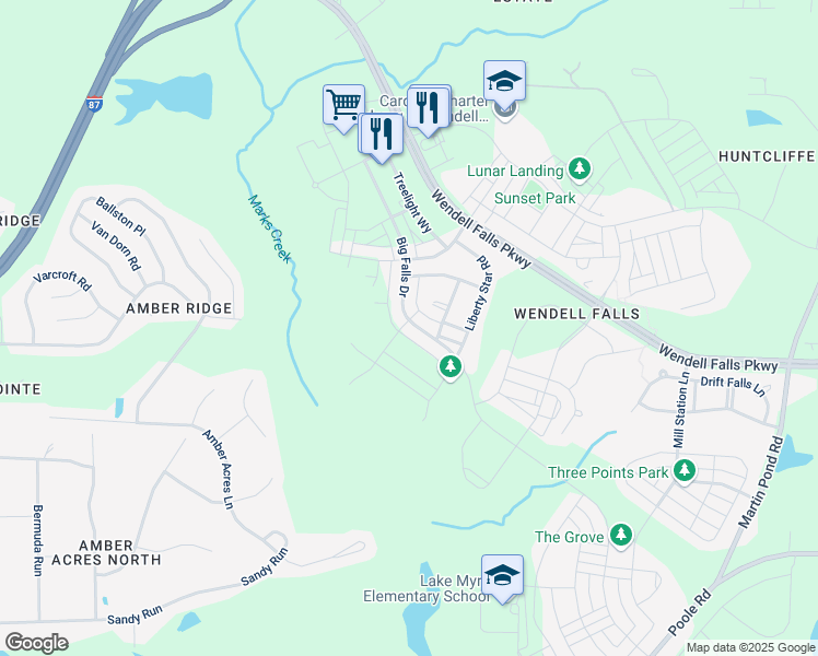map of restaurants, bars, coffee shops, grocery stores, and more near 1993 Big Falls Drive in Wendell