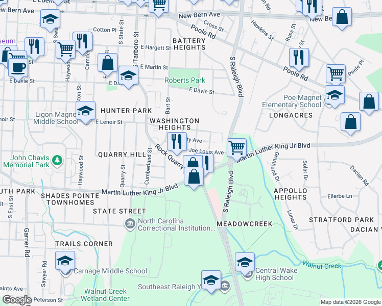 map of restaurants, bars, coffee shops, grocery stores, and more near 1400 Joe Louis Avenue in Raleigh