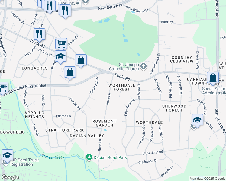 map of restaurants, bars, coffee shops, grocery stores, and more near 425 Rose Lane in Raleigh