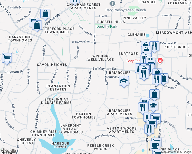 map of restaurants, bars, coffee shops, grocery stores, and more near 108 Leisure Court in Cary