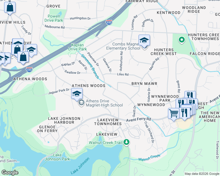 map of restaurants, bars, coffee shops, grocery stores, and more near 3731 Swift Drive in Raleigh