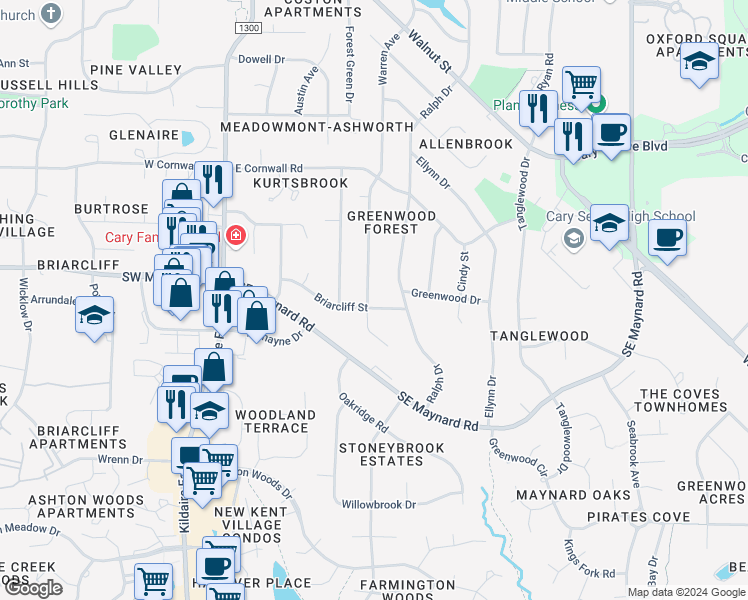 map of restaurants, bars, coffee shops, grocery stores, and more near 1025 Warren Avenue in Cary