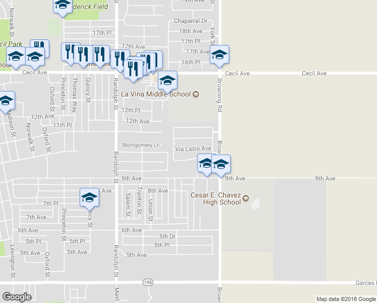 map of restaurants, bars, coffee shops, grocery stores, and more near 2126 Via Lazio Avenue in Delano