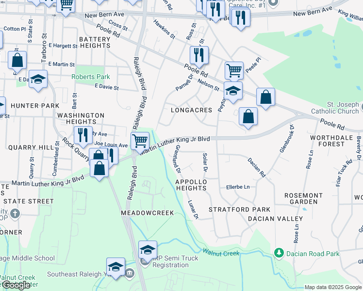 map of restaurants, bars, coffee shops, grocery stores, and more near 505 Grantland Drive in Raleigh