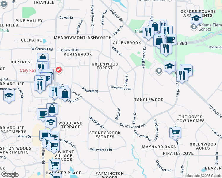 map of restaurants, bars, coffee shops, grocery stores, and more near 500 Greenwood Drive in Cary
