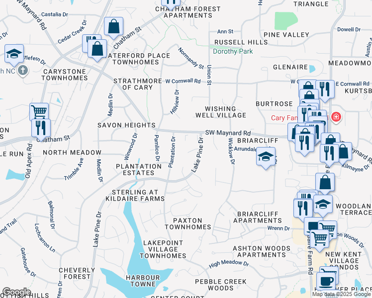 map of restaurants, bars, coffee shops, grocery stores, and more near 110 Creighton Court in Cary
