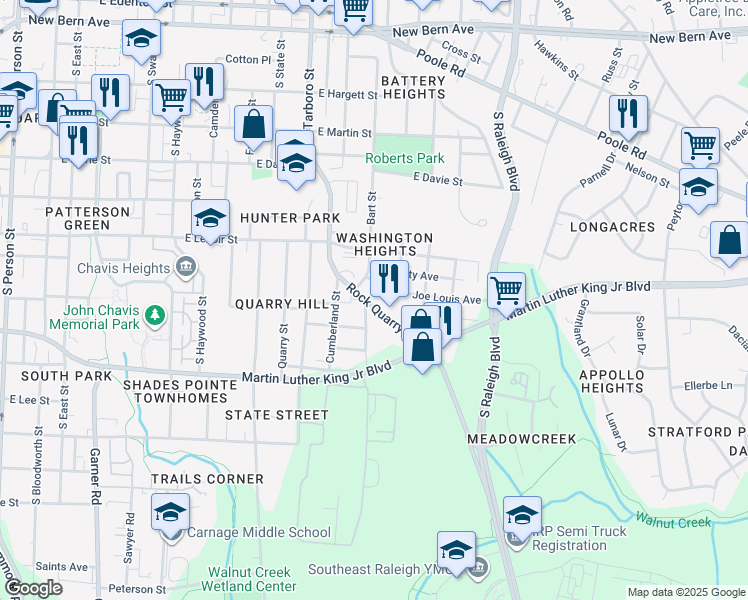 map of restaurants, bars, coffee shops, grocery stores, and more near 713 Rock Quarry Road in Raleigh