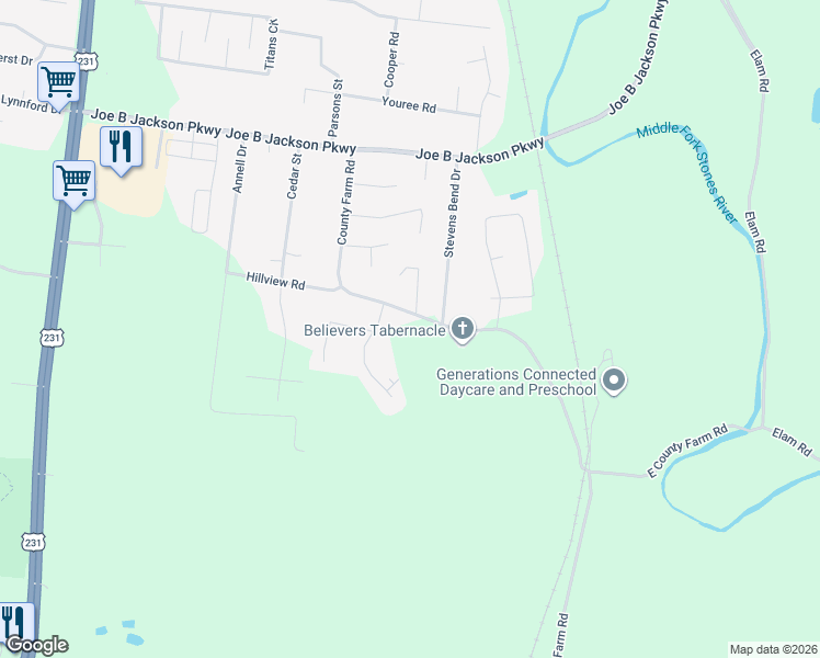 map of restaurants, bars, coffee shops, grocery stores, and more near 668 County Farm Road in Murfreesboro