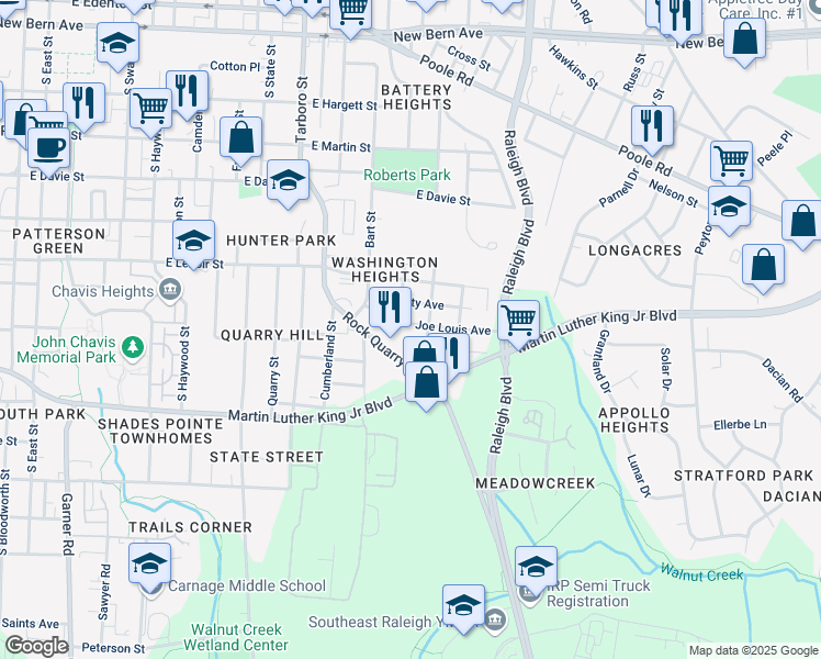 map of restaurants, bars, coffee shops, grocery stores, and more near 1400 Joe Louis Avenue in Raleigh