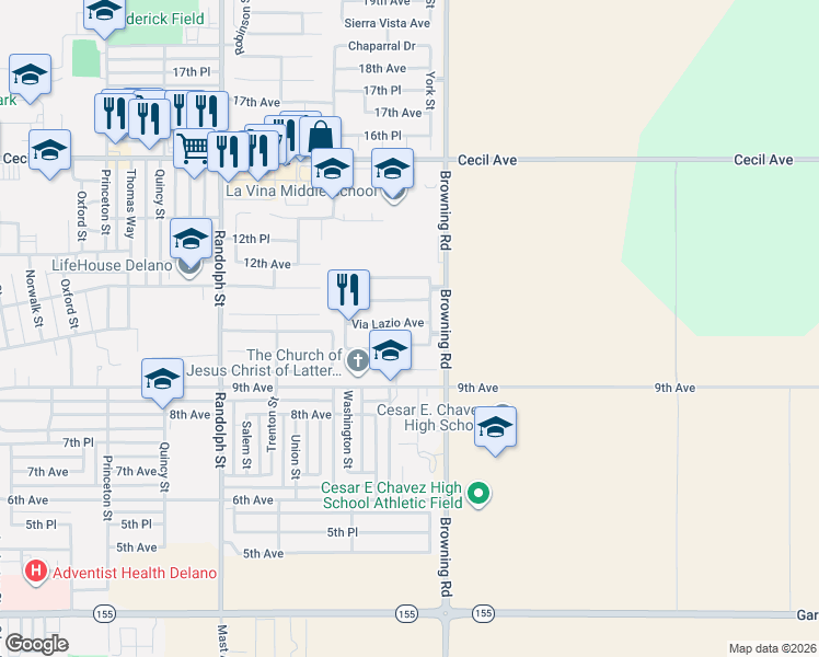 map of restaurants, bars, coffee shops, grocery stores, and more near 2218 Via Lazio Avenue in Delano