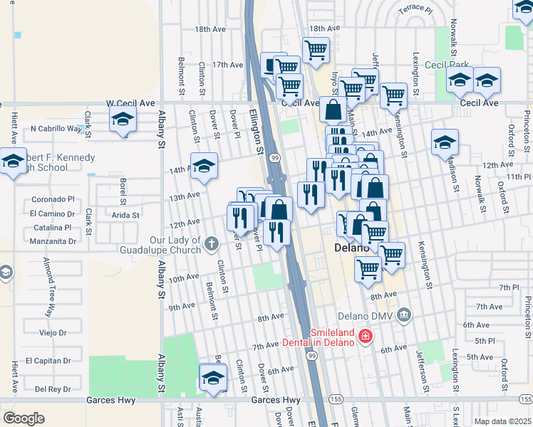 map of restaurants, bars, coffee shops, grocery stores, and more near 1117 Ellington Street in Delano