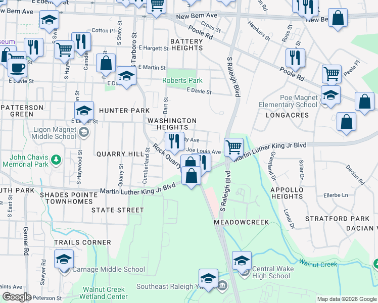 map of restaurants, bars, coffee shops, grocery stores, and more near 1400 Joe Louis Avenue in Raleigh