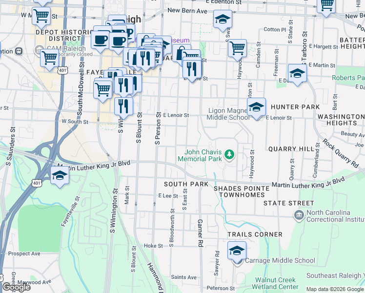 map of restaurants, bars, coffee shops, grocery stores, and more near 802 South East Street in Raleigh