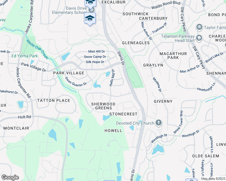 map of restaurants, bars, coffee shops, grocery stores, and more near 311 Halls Mill Drive in Cary
