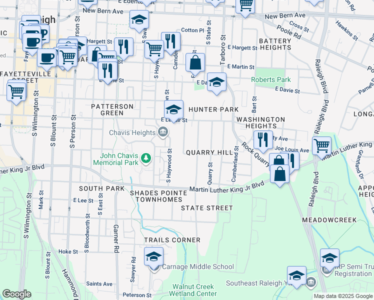 map of restaurants, bars, coffee shops, grocery stores, and more near 735 Church Street in Raleigh