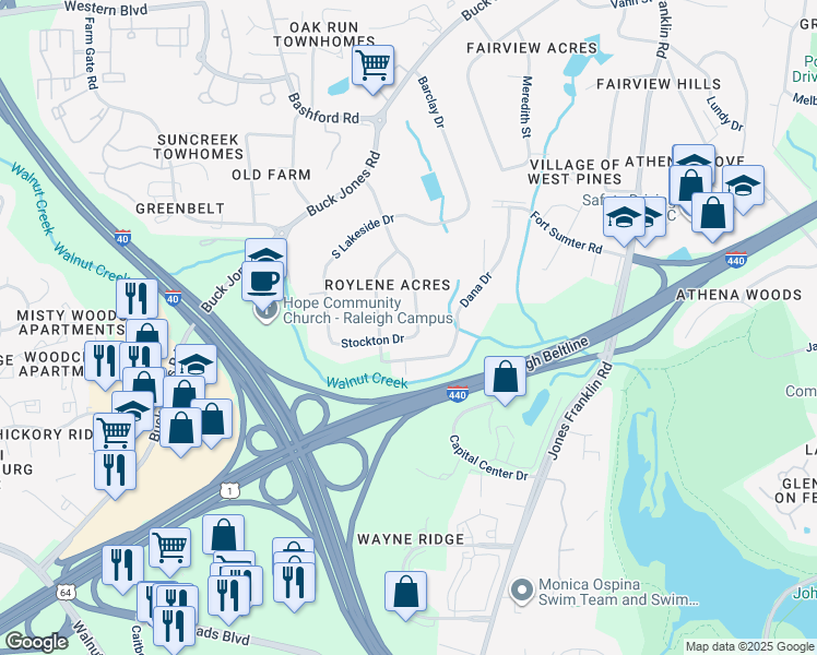 map of restaurants, bars, coffee shops, grocery stores, and more near 5109 Norman Place in Raleigh