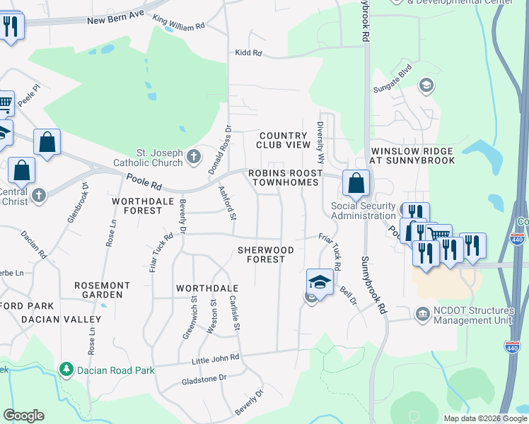 map of restaurants, bars, coffee shops, grocery stores, and more near 609 King Richard Road in Raleigh