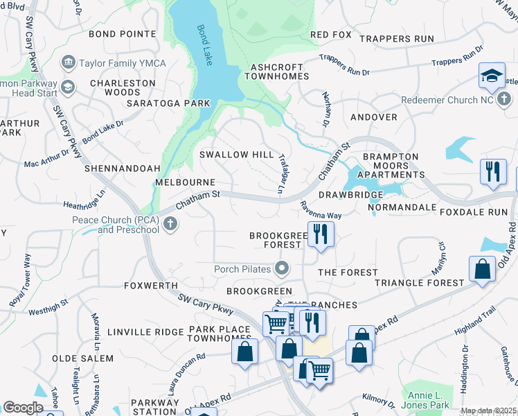map of restaurants, bars, coffee shops, grocery stores, and more near 110 Old Rockhampton Lane in Cary
