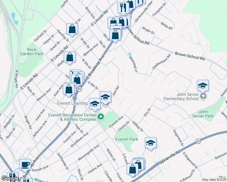 map of restaurants, bars, coffee shops, grocery stores, and more near 1615 Jett Road in Maryville
