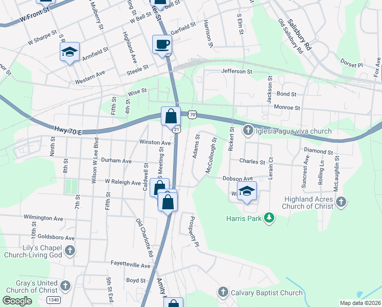map of restaurants, bars, coffee shops, grocery stores, and more near 1014 Adams Street in Statesville