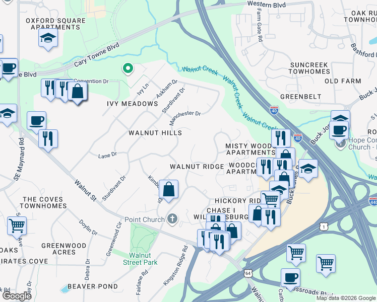 map of restaurants, bars, coffee shops, grocery stores, and more near 109 Escher Lane in Cary