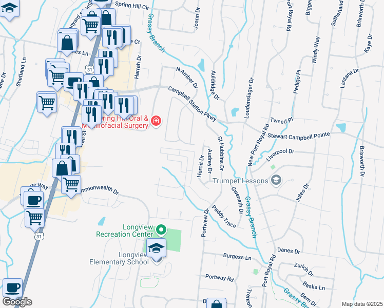 map of restaurants, bars, coffee shops, grocery stores, and more near 2056 Hemlock Drive in Spring Hill