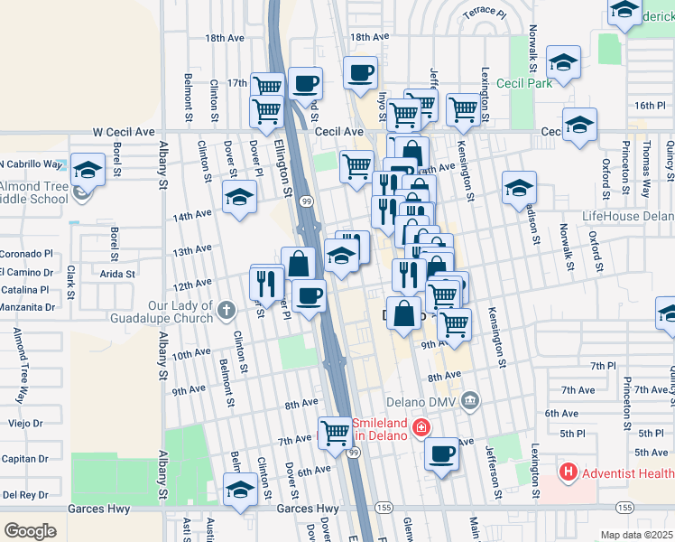 map of restaurants, bars, coffee shops, grocery stores, and more near 1120 Fremont Street in Delano