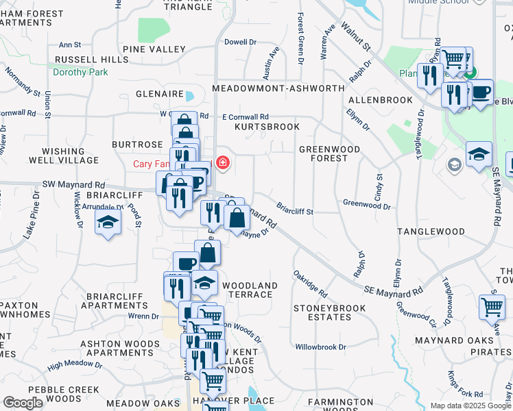 map of restaurants, bars, coffee shops, grocery stores, and more near 201 Southeast Maynard Road in Cary