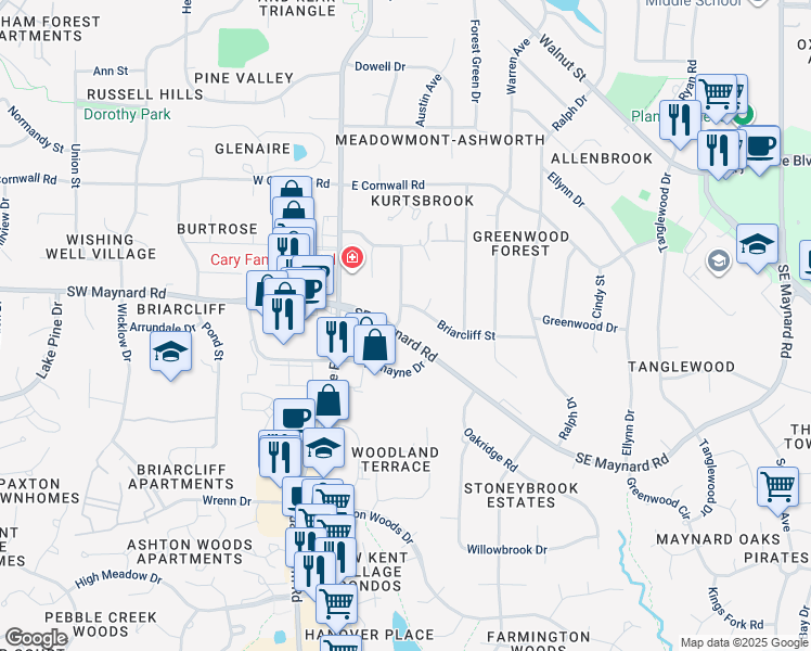 map of restaurants, bars, coffee shops, grocery stores, and more near 201 Southeast Maynard Road in Cary