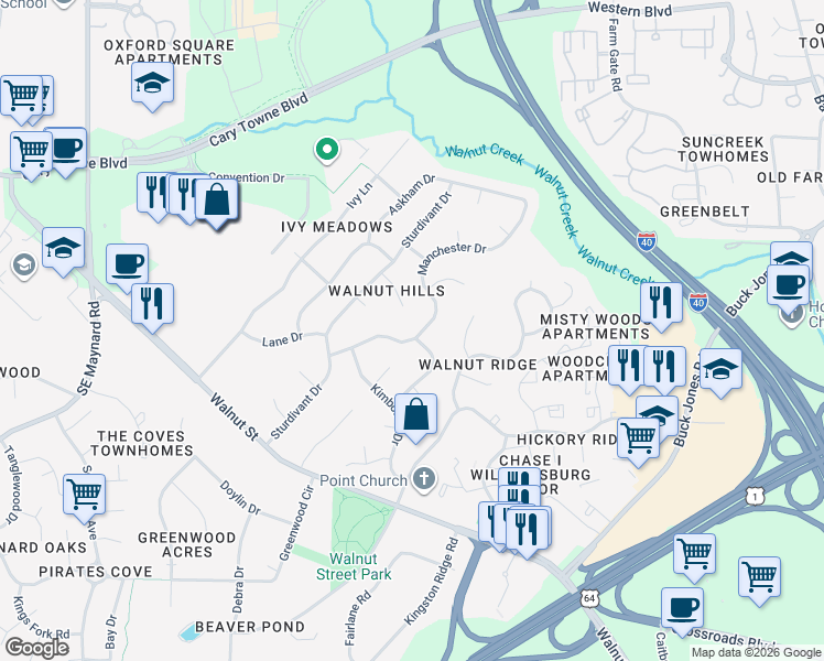 map of restaurants, bars, coffee shops, grocery stores, and more near 1110 Manchester Drive in Cary