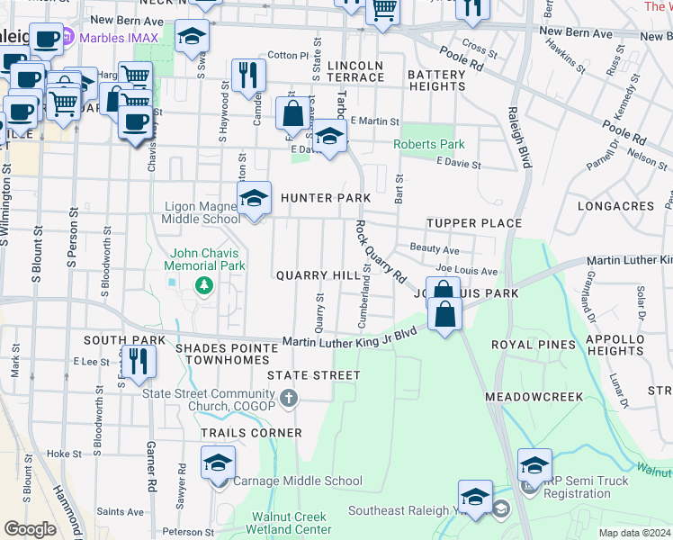 map of restaurants, bars, coffee shops, grocery stores, and more near 650 Coleman Street in Raleigh