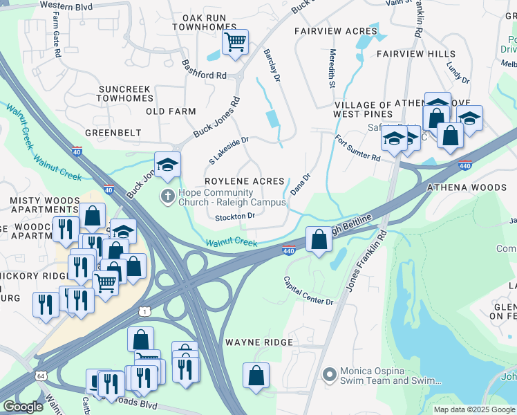 map of restaurants, bars, coffee shops, grocery stores, and more near 5109 Norman Place in Raleigh
