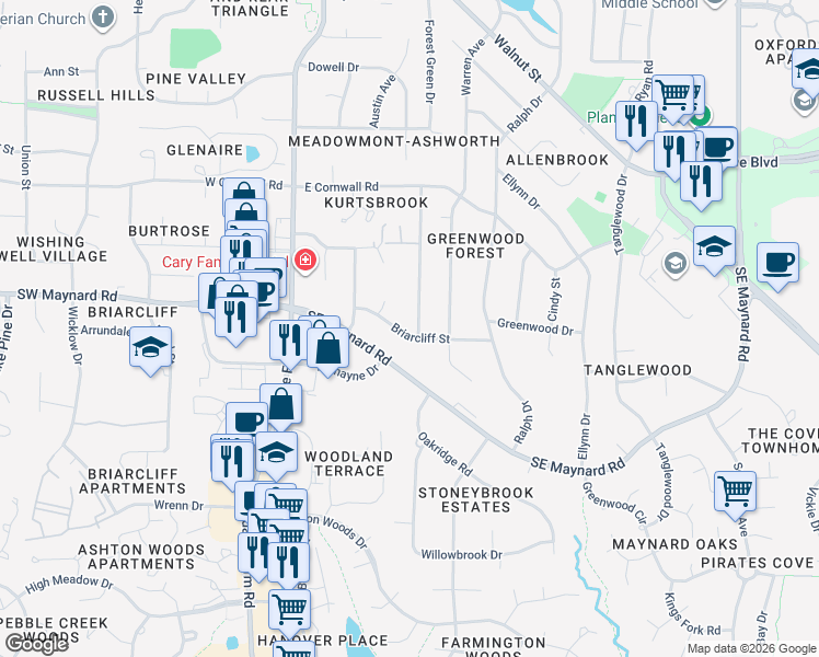 map of restaurants, bars, coffee shops, grocery stores, and more near 1032 Washington Street in Cary